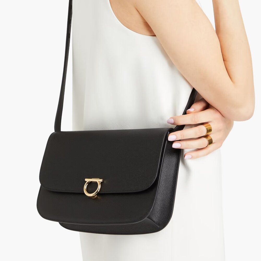 FERRAGAMO Gemini Pebbled-Leather Shoulder Bag Black